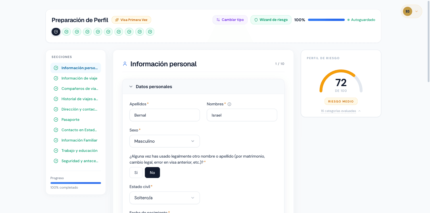 Formulario DS-160 en Vixz - interfaz moderna en español con perfil de riesgo y validacion inteligente