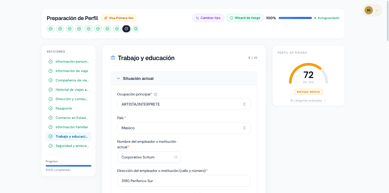 Sección de trabajo y educación en Vixz - campos de empleo con búsqueda inteligente de empresas y validación en tiempo real